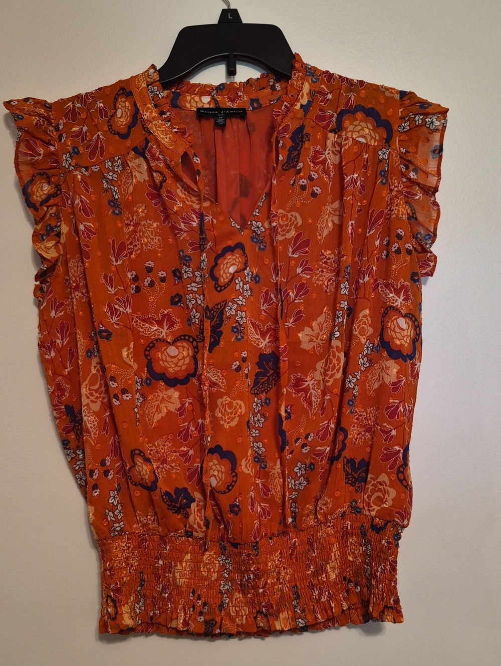 Vintage Maison d'Amelie Orange Floral Ruffle Sleeve Blouse SZ L